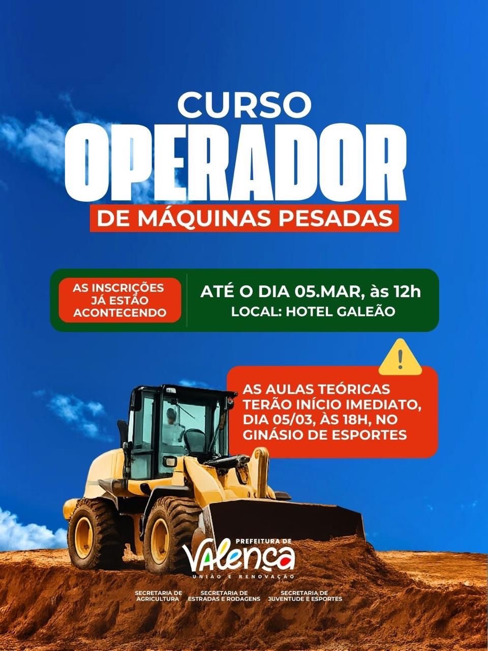 Prefeitura de Valença abre inscrições para o curso de Operador de Máquinas Pesadas