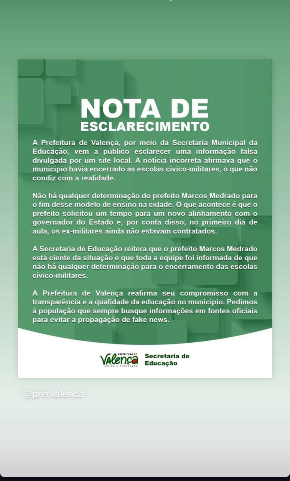 Prefeitura de Valença esclarece fake news sobre o encerramento das escolas cívico-militares