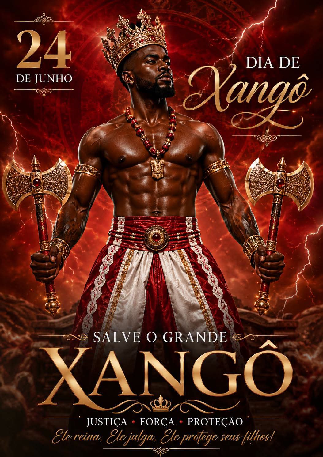 Dia 24 de junho reverenciamos Xangô, o poderoso Rei de Oyó, Orixá da Justiça, Senhor do Fogo e do Machado de Duas Lâminas.