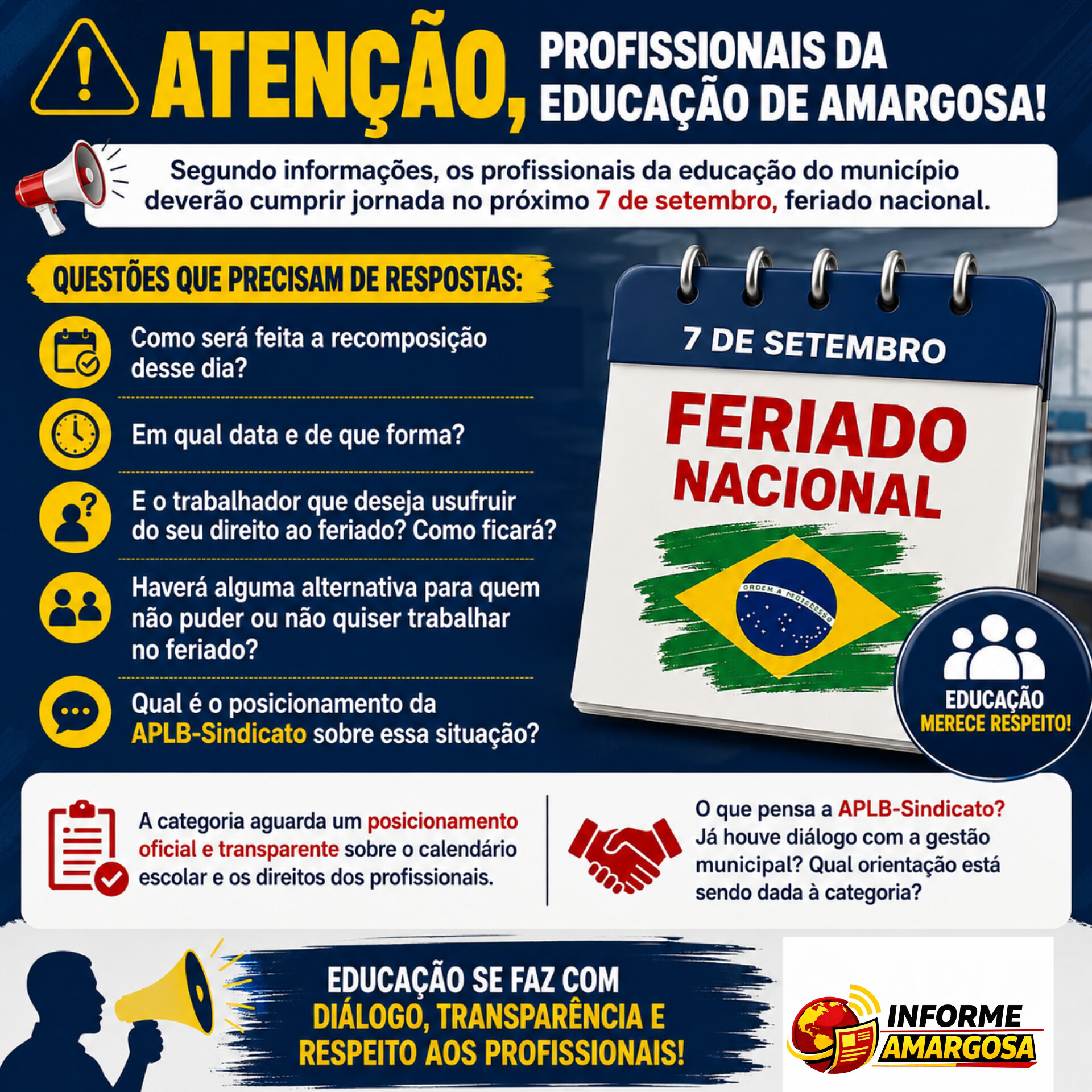E o feriado?profissionais da Educação de Amargosa cobram esclarecimentos sobre jornada no dia 7