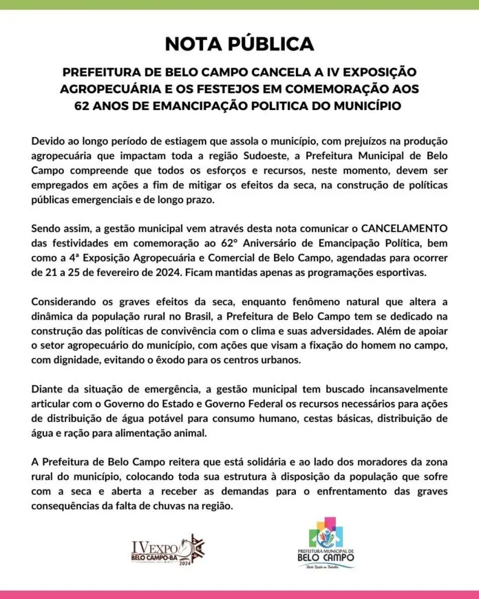 BELO CAMPO – Prefeitura cancela 4ª Exposição Agropecuária e festejos de aniversário devido a esti...