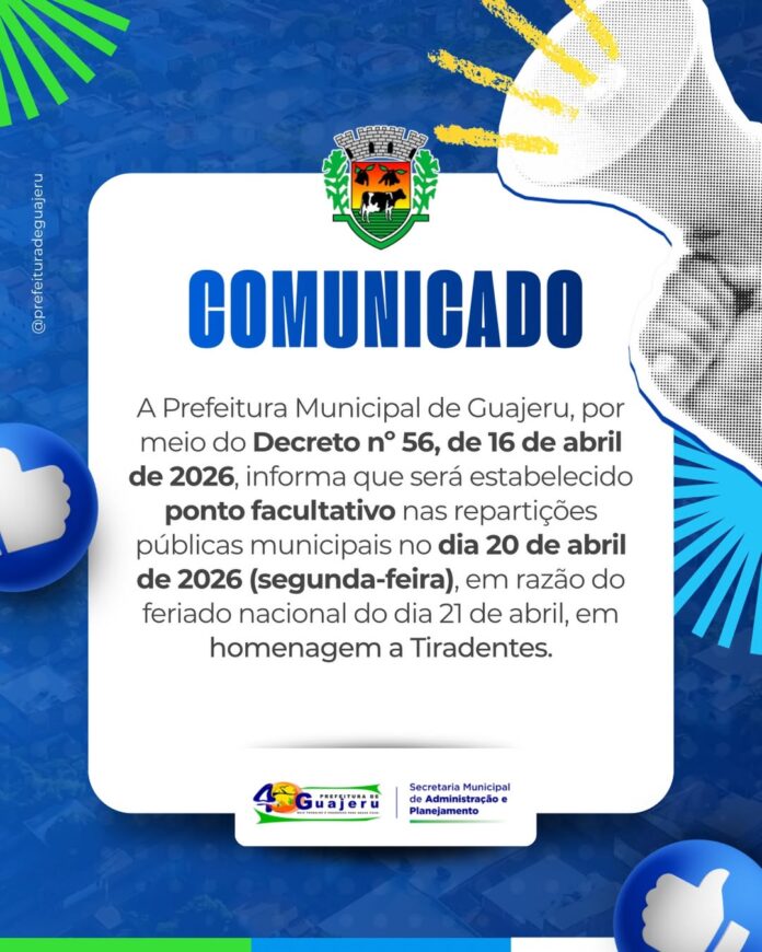 Prefeitura de Guajeru decreta ponto facultativo nas repartições públicas na próxima segunda-feira