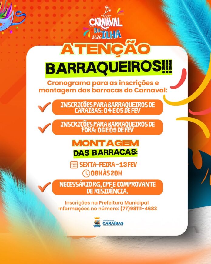 Prefeitura de Caraíbas divulga cronograma para inscrições e montagem das barracas do Carnaval da Ilha 2026