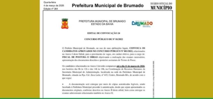 Prefeitura de Brumado convoca aprovados em concurso para vagas de Fiscal de Postura e Obras