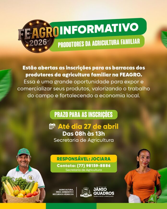 Prefeitura de Jânio Quadros anuncia abertura de inscrições para quem desejar colocar barracas da agricultura familiar na FEAGRO 2026